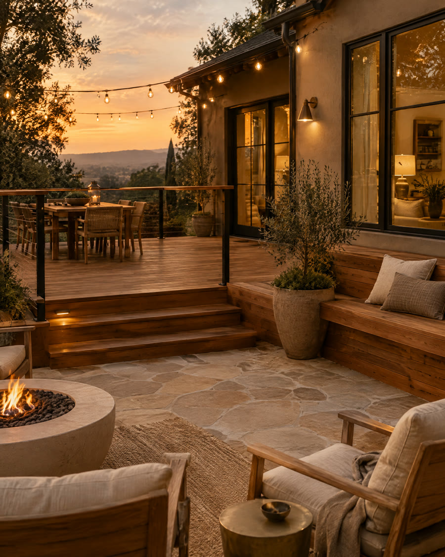 A cedar deck and stone patio with a fire pit and string lights at dusk.