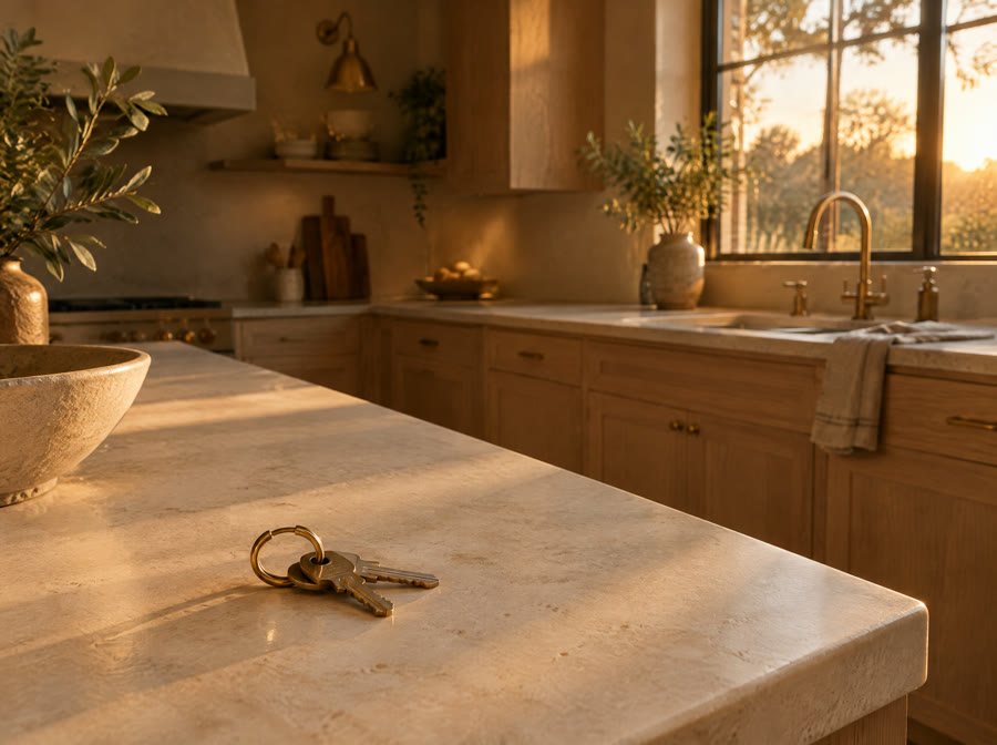 A set of house keys on a limestone counter in a finished kitchen at sunset.