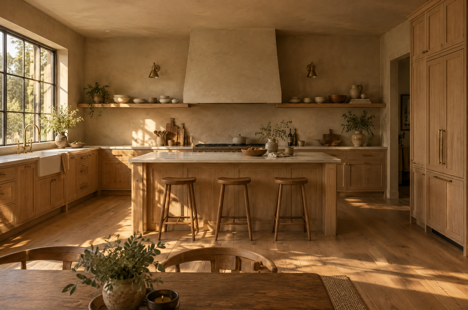 The kitchen after the remodel: white oak cabinets, a limestone island with stools, a plaster range hood and open shelves.