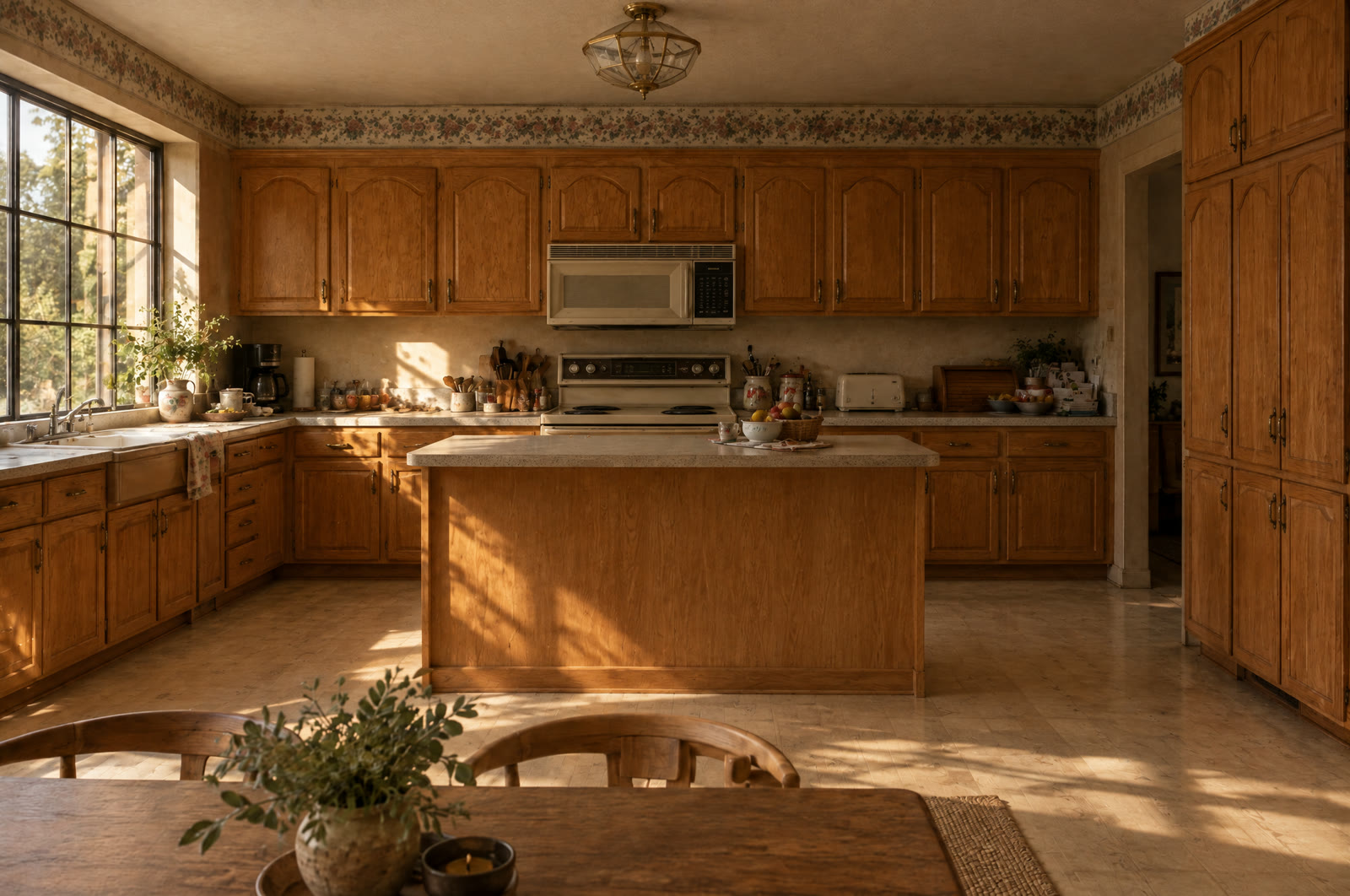 The same kitchen before: orange oak cabinets, laminate counters, an almond range and a wallpaper border.