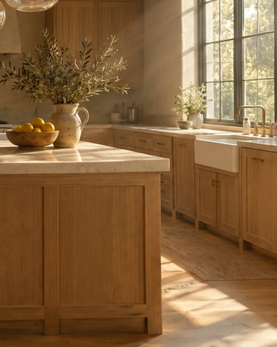 A finished kitchen with a limestone island under glass pendant lights.