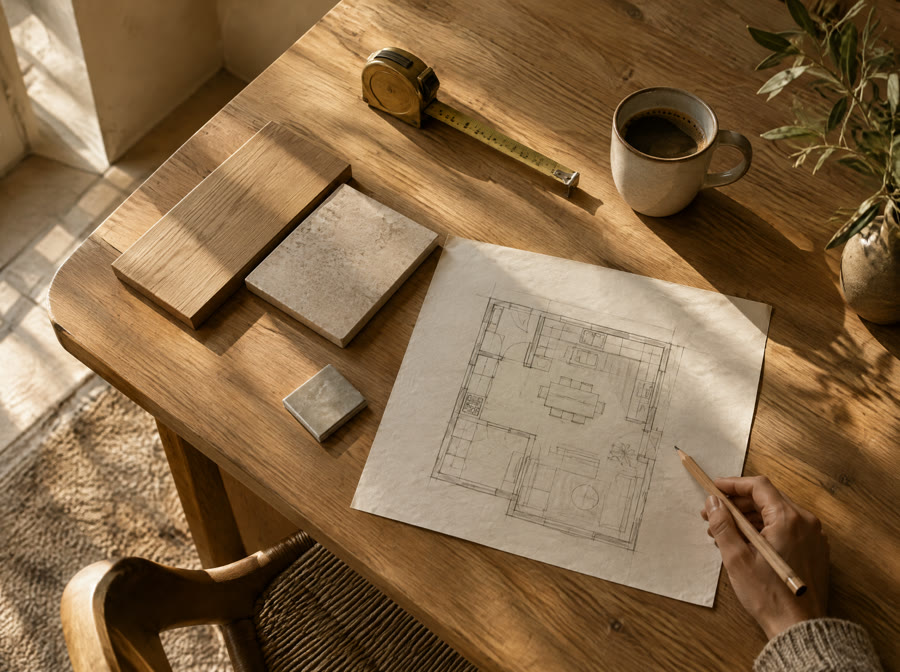 A floor plan sketch, a tape measure and material samples on a kitchen table.