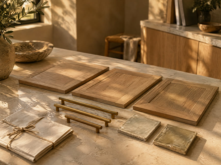 Oak cabinet door samples, brass pulls and tile samples laid out on a counter.