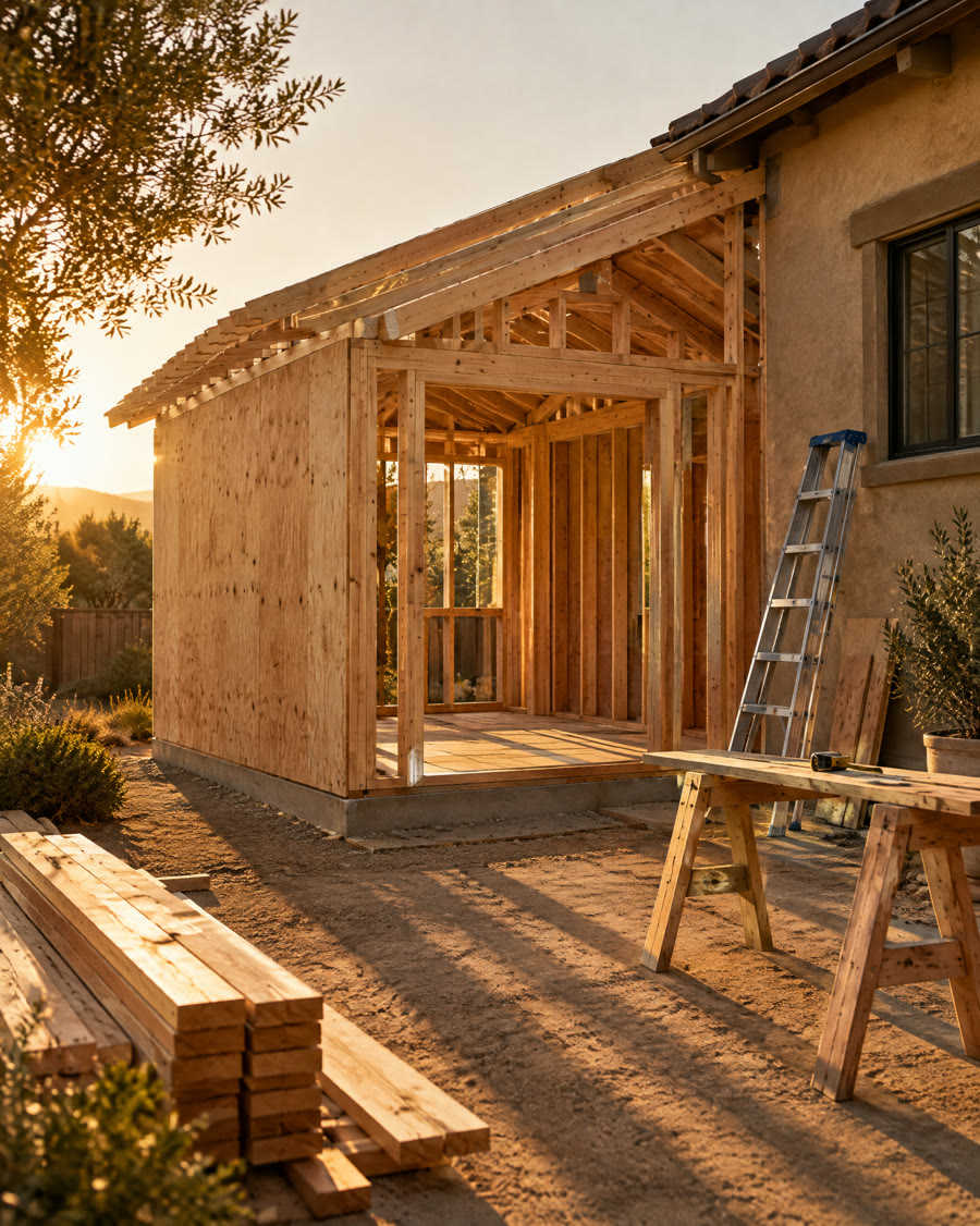 A new room addition framed in fresh lumber, joined to a stucco house at sunset.