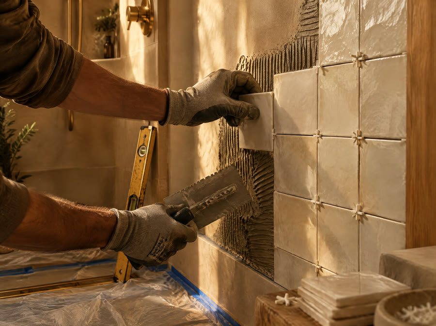 Gloved hands setting white tile on a shower wall, the floor covered in protective plastic.
