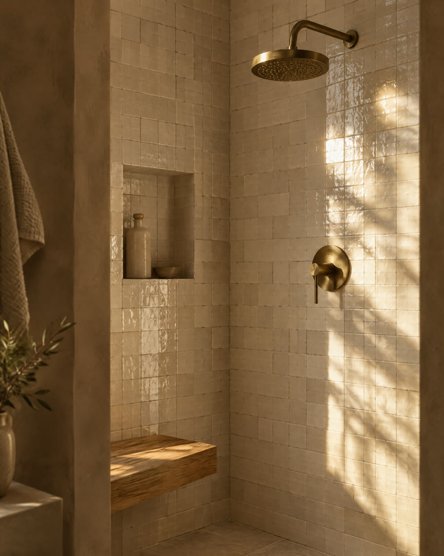 A walk-in shower in handmade white tile with a brass shower head and a wood bench.