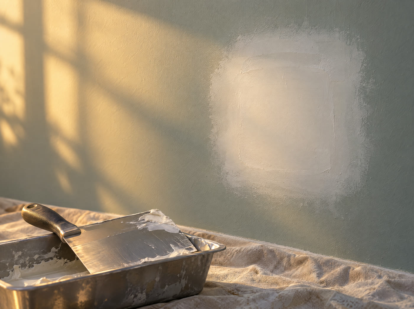 A doorknob hole in a living room wall, patched and feathered smooth with fresh joint compound