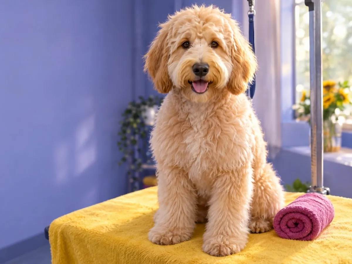 A fluffy goldendoodle, clean and dry after a bath, sitting on a yellow towel