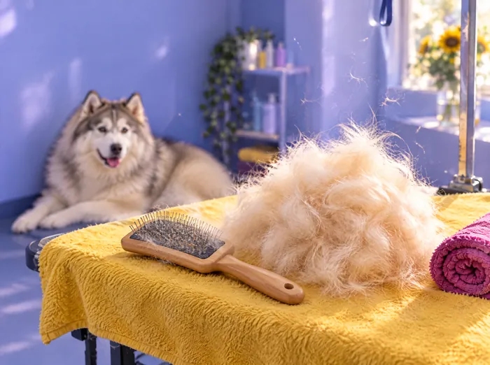 A de-shedding brush next to a big pile of brushed-out undercoat, with a husky resting behind