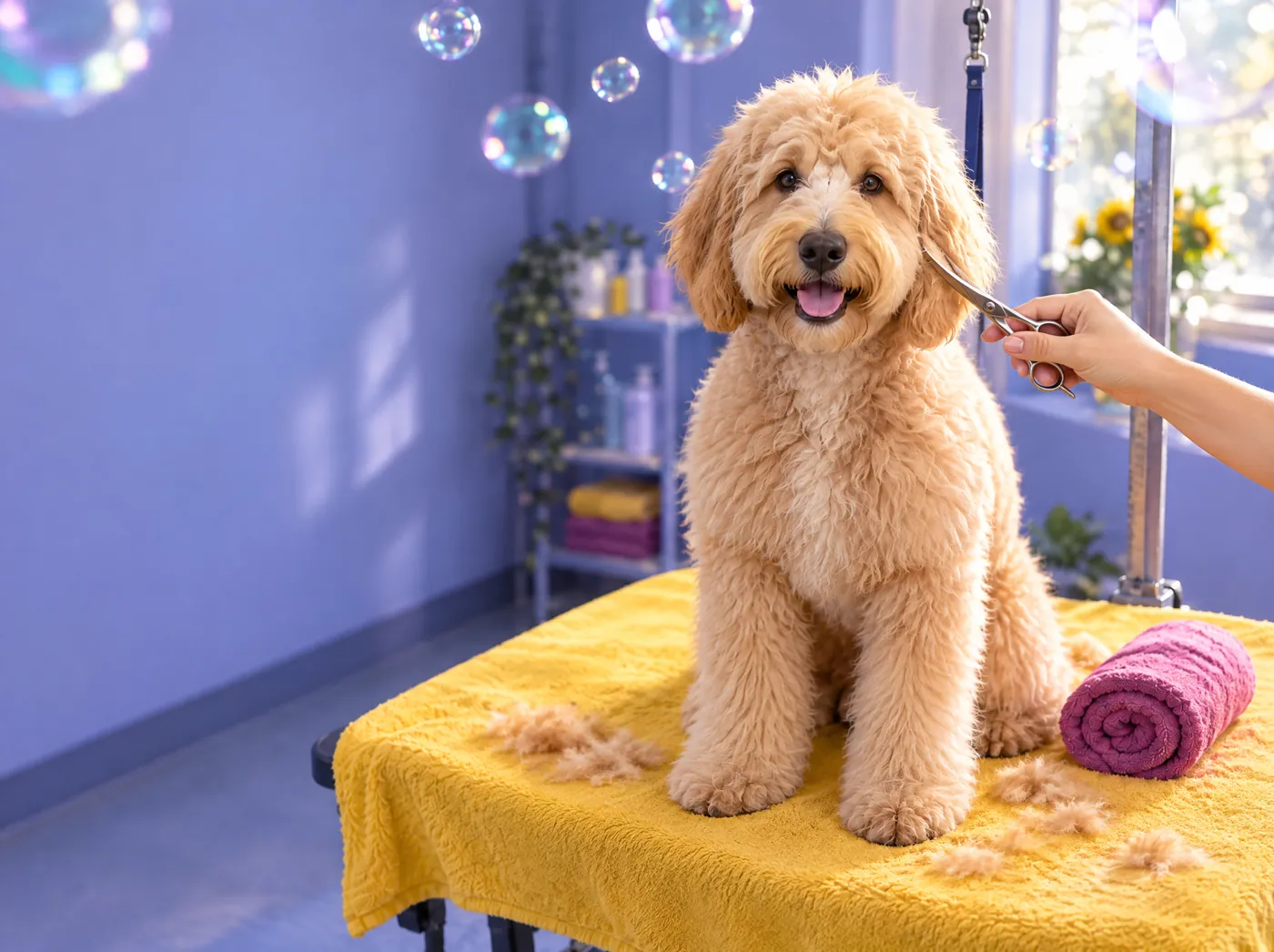 A groomer trims the fluffy cheek fur of a calm goldendoodle on a yellow towel