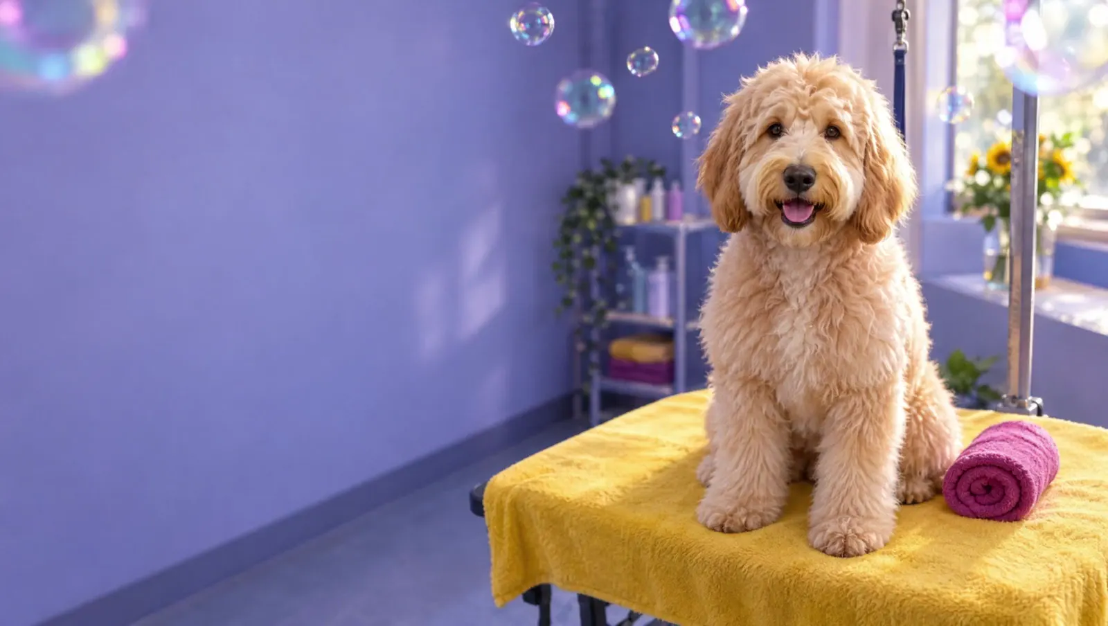 A fluffy, freshly bathed goldendoodle sitting on a yellow towel in a lavender grooming studio, with soap bubbles floating by
