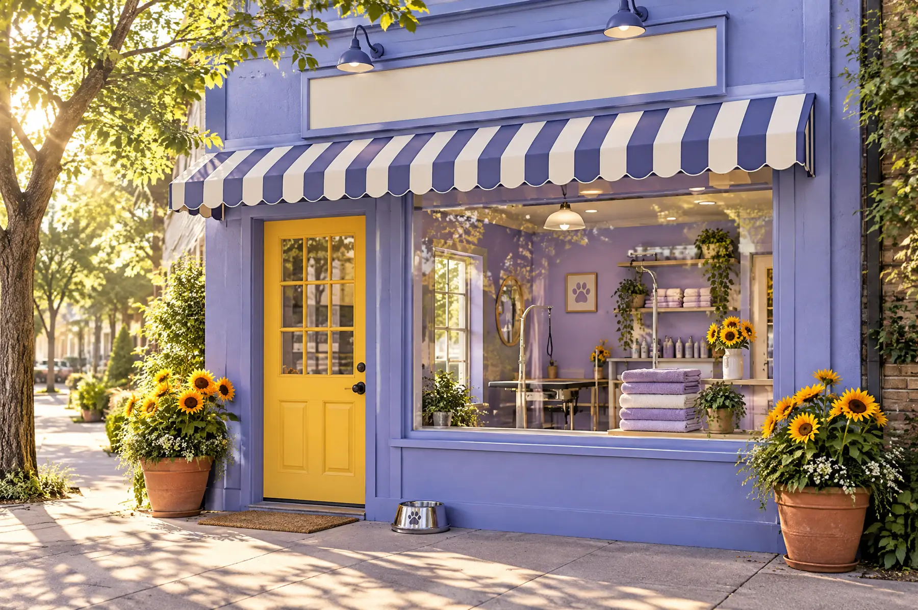 The Muddy Paws shop front: a periwinkle storefront with a yellow door, a striped awning and pots of sunflowers