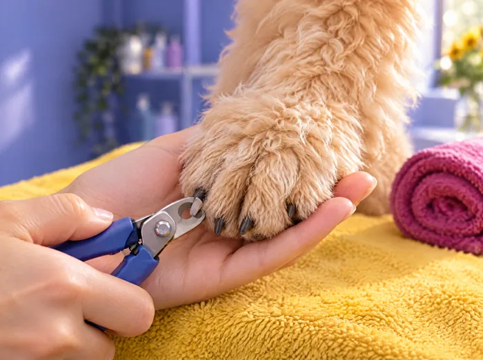 Close-up of a dog's paw held gently in a hand while the nails are clipped